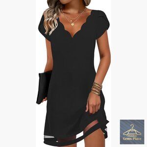 Knee-Length Summer Dress with Pockets, V-Neck, Mesh Hem, Petal Sleeves